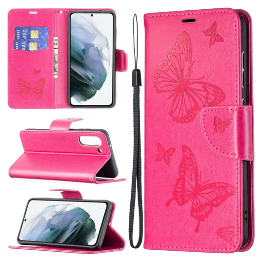 For Samsung Galaxy S21 FE Embossing Two Butterflies Pattern Horizontal Flip PU Leather Case with Holder & Card Slot & Wallet & Lanyard(Rose Red) by buy2fix