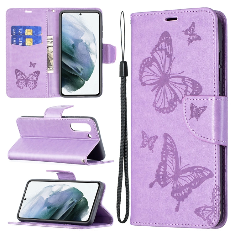 For Samsung Galaxy S21 FE Embossing Two Butterflies Pattern Horizontal Flip PU Leather Case with Holder & Card Slot & Wallet & Lanyard(Purple) by buy2fix