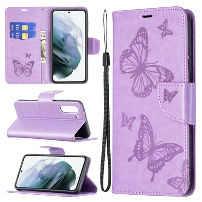 For Samsung Galaxy S21 FE Embossing Two Butterflies Pattern Horizontal Flip PU Leather Case with Holder & Card Slot & Wallet & Lanyard(Purple) by buy2fix