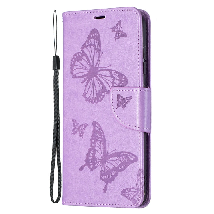 For Samsung Galaxy S21 FE Embossing Two Butterflies Pattern Horizontal Flip PU Leather Case with Holder & Card Slot & Wallet & Lanyard(Purple) by buy2fix