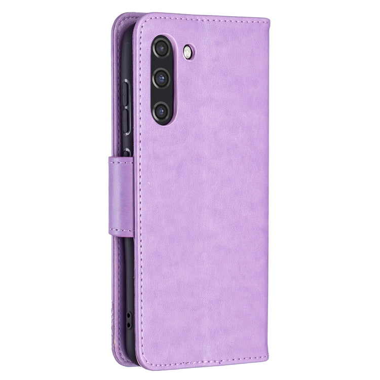 For Samsung Galaxy S21 FE Embossing Two Butterflies Pattern Horizontal Flip PU Leather Case with Holder & Card Slot & Wallet & Lanyard(Purple) by buy2fix