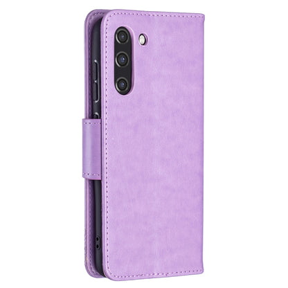 For Samsung Galaxy S21 FE Embossing Two Butterflies Pattern Horizontal Flip PU Leather Case with Holder & Card Slot & Wallet & Lanyard(Purple) by buy2fix