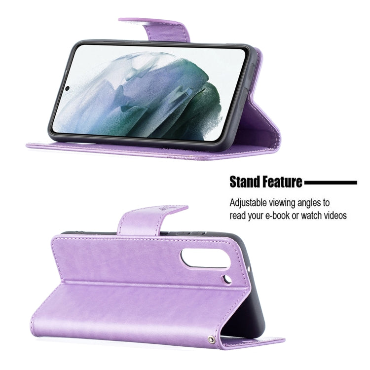 For Samsung Galaxy S21 FE Embossing Two Butterflies Pattern Horizontal Flip PU Leather Case with Holder & Card Slot & Wallet & Lanyard(Purple) by buy2fix