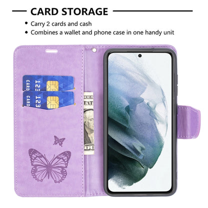 For Samsung Galaxy S21 FE Embossing Two Butterflies Pattern Horizontal Flip PU Leather Case with Holder & Card Slot & Wallet & Lanyard(Purple) by buy2fix