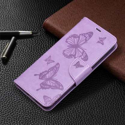 For Samsung Galaxy S21 FE Embossing Two Butterflies Pattern Horizontal Flip PU Leather Case with Holder & Card Slot & Wallet & Lanyard(Purple) by buy2fix