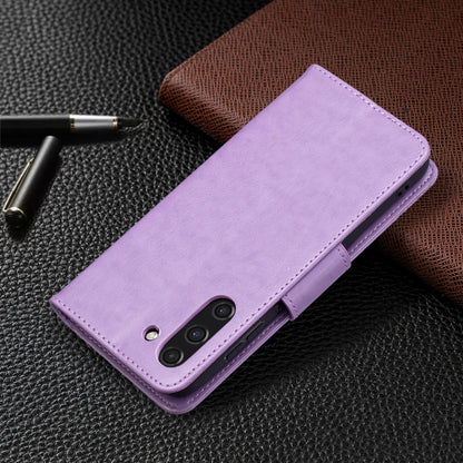 For Samsung Galaxy S21 FE Embossing Two Butterflies Pattern Horizontal Flip PU Leather Case with Holder & Card Slot & Wallet & Lanyard(Purple) by buy2fix