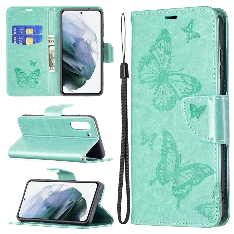 For Samsung Galaxy S21 FE Embossing Two Butterflies Pattern Horizontal Flip PU Leather Case with Holder & Card Slot & Wallet & Lanyard(Green) by buy2fix