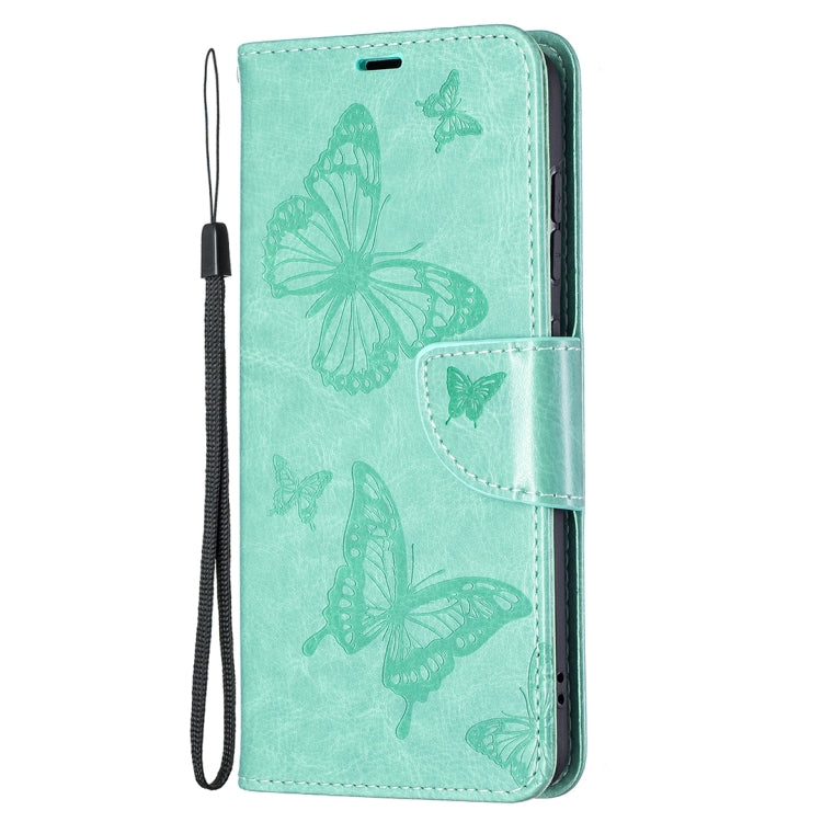 For Samsung Galaxy S21 FE Embossing Two Butterflies Pattern Horizontal Flip PU Leather Case with Holder & Card Slot & Wallet & Lanyard(Green) by buy2fix