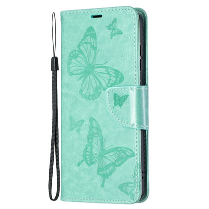 For Samsung Galaxy S21 FE Embossing Two Butterflies Pattern Horizontal Flip PU Leather Case with Holder & Card Slot & Wallet & Lanyard(Green) by buy2fix