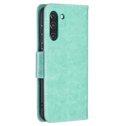 For Samsung Galaxy S21 FE Embossing Two Butterflies Pattern Horizontal Flip PU Leather Case with Holder & Card Slot & Wallet & Lanyard(Green) by buy2fix