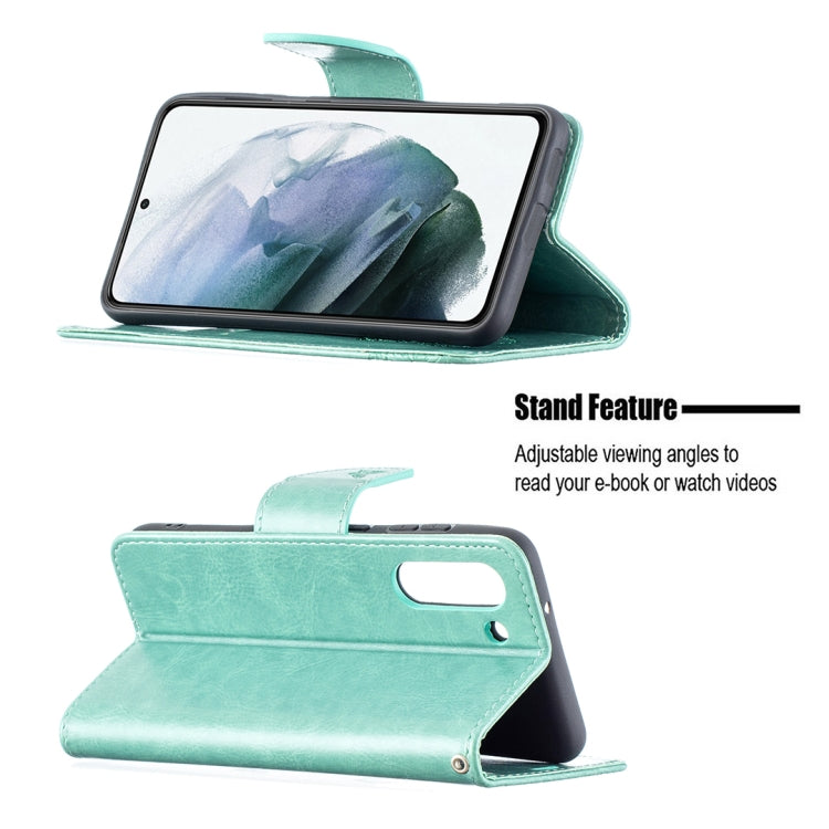 For Samsung Galaxy S21 FE Embossing Two Butterflies Pattern Horizontal Flip PU Leather Case with Holder & Card Slot & Wallet & Lanyard(Green) by buy2fix