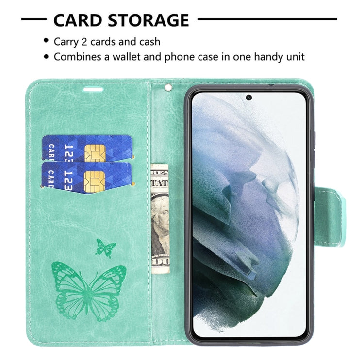 For Samsung Galaxy S21 FE Embossing Two Butterflies Pattern Horizontal Flip PU Leather Case with Holder & Card Slot & Wallet & Lanyard(Green) by buy2fix