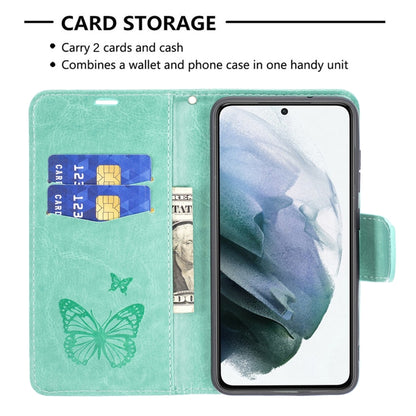 For Samsung Galaxy S21 FE Embossing Two Butterflies Pattern Horizontal Flip PU Leather Case with Holder & Card Slot & Wallet & Lanyard(Green) by buy2fix