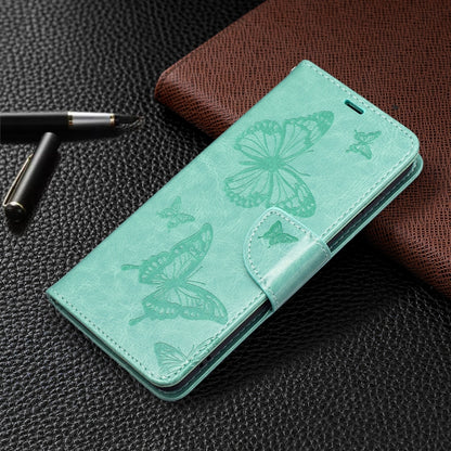 For Samsung Galaxy S21 FE Embossing Two Butterflies Pattern Horizontal Flip PU Leather Case with Holder & Card Slot & Wallet & Lanyard(Green) by buy2fix