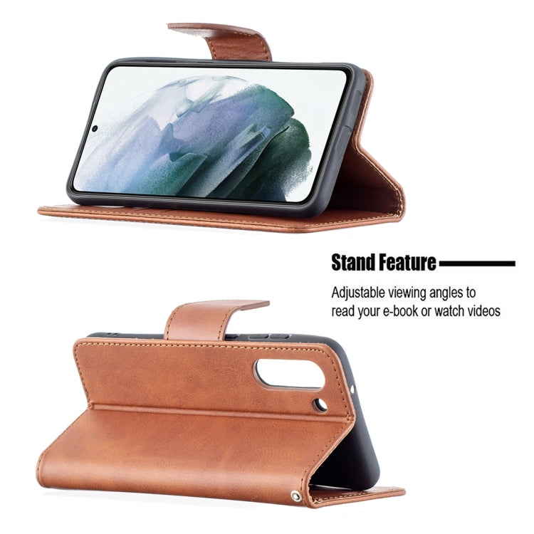 For Samsung Galaxy S21 FE Retro Lambskin Texture Pure Color Horizontal Flip PU Leather Case with Holder & Card Slots & Wallet & Lanyard(Brown) by buy2fix