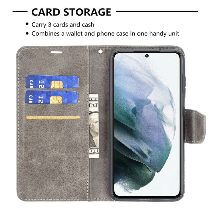 For Samsung Galaxy S21 FE Retro Lambskin Texture Pure Color Horizontal Flip PU Leather Case with Holder & Card Slots & Wallet & Lanyard(Grey) by buy2fix
