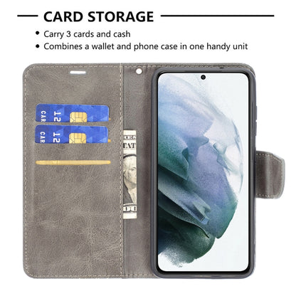 For Samsung Galaxy S21 FE Retro Lambskin Texture Pure Color Horizontal Flip PU Leather Case with Holder & Card Slots & Wallet & Lanyard(Grey) by buy2fix