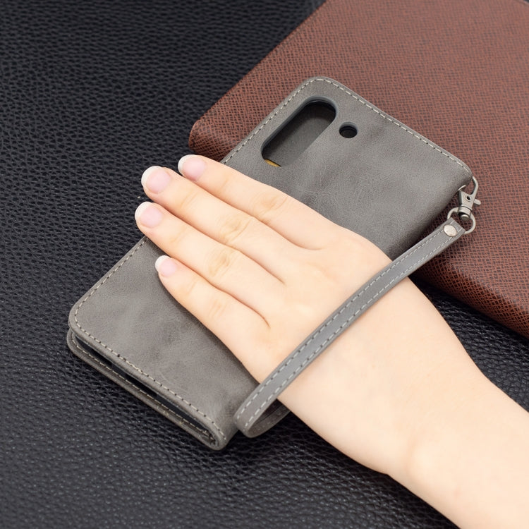 For Samsung Galaxy S21 FE Retro Lambskin Texture Pure Color Horizontal Flip PU Leather Case with Holder & Card Slots & Wallet & Lanyard(Grey) by buy2fix