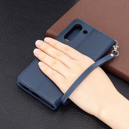 For Samsung Galaxy S21 FE Retro Lambskin Texture Pure Color Horizontal Flip PU Leather Case with Holder & Card Slots & Wallet & Lanyard(Blue) by buy2fix