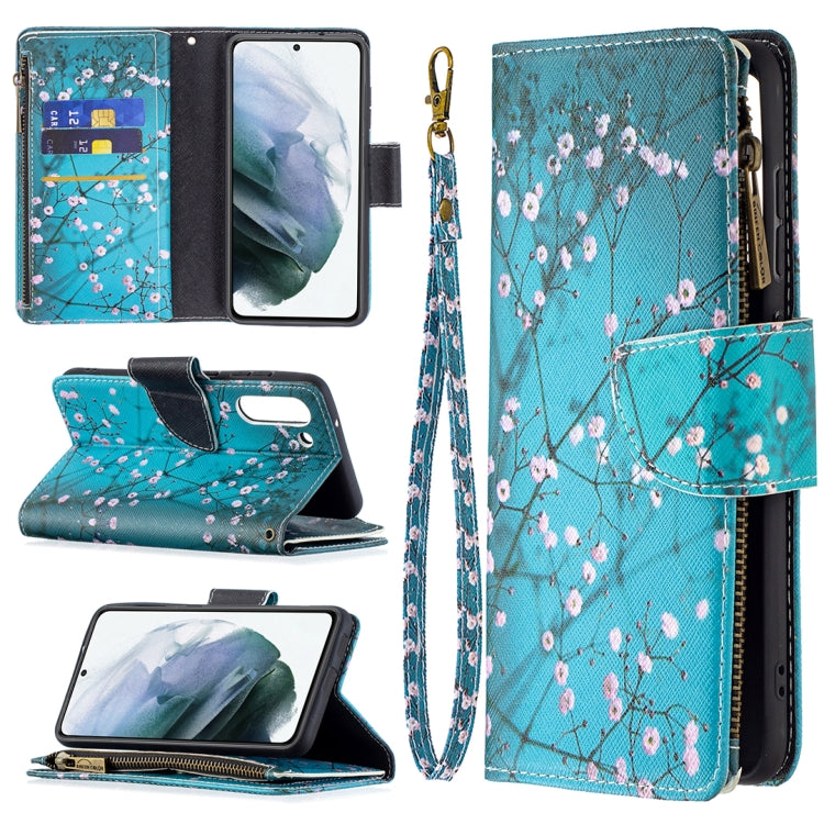 For Samsung Galaxy S21 FE Colored Drawing Pattern Zipper Horizontal Flip Leather Case with Holder & Card Slots & Wallet(Plum Blossom) by buy2fix