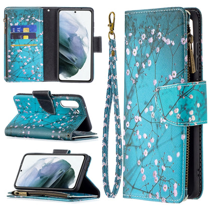 For Samsung Galaxy S21 FE Colored Drawing Pattern Zipper Horizontal Flip Leather Case with Holder & Card Slots & Wallet(Plum Blossom) by buy2fix
