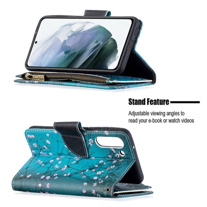 For Samsung Galaxy S21 FE Colored Drawing Pattern Zipper Horizontal Flip Leather Case with Holder & Card Slots & Wallet(Plum Blossom) by buy2fix