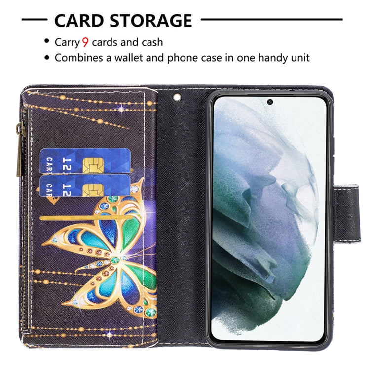 For Samsung Galaxy S21 FE Colored Drawing Pattern Zipper Horizontal Flip Leather Case with Holder & Card Slots & Wallet(Big Butterfly) by buy2fix