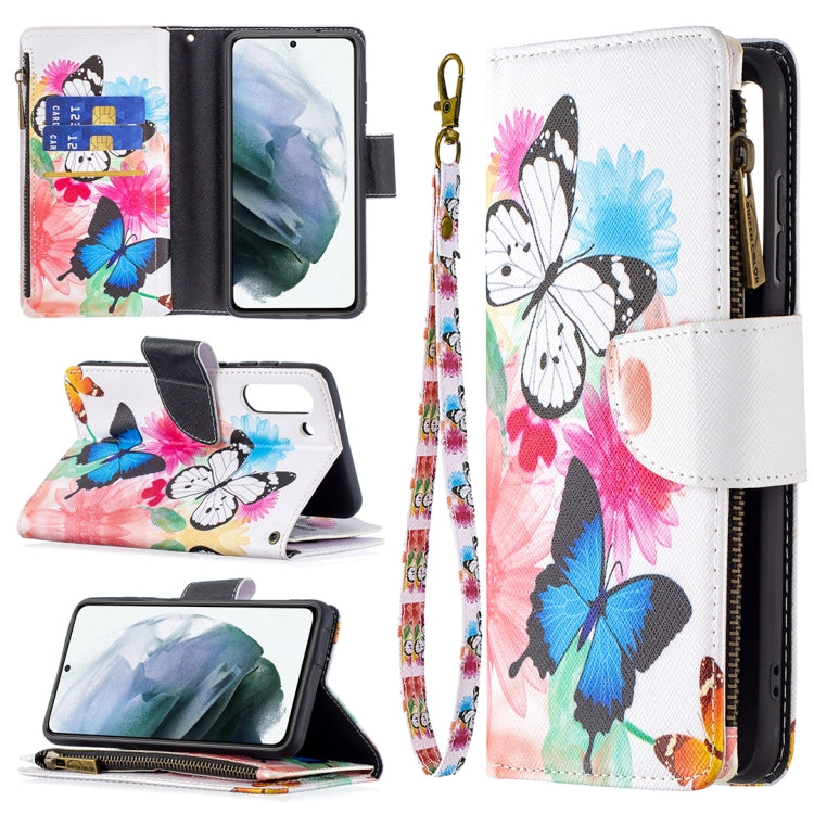 For Samsung Galaxy S21 FE Colored Drawing Pattern Zipper Horizontal Flip Leather Case with Holder & Card Slots & Wallet(Two Butterflies) by buy2fix