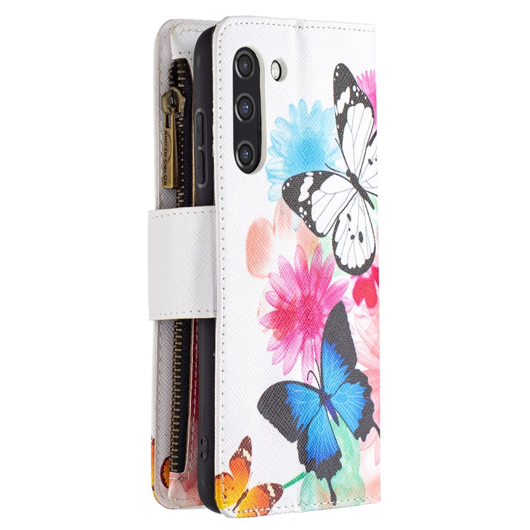 For Samsung Galaxy S21 FE Colored Drawing Pattern Zipper Horizontal Flip Leather Case with Holder & Card Slots & Wallet(Two Butterflies) by buy2fix