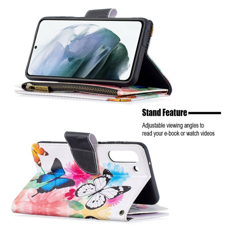 For Samsung Galaxy S21 FE Colored Drawing Pattern Zipper Horizontal Flip Leather Case with Holder & Card Slots & Wallet(Two Butterflies) by buy2fix