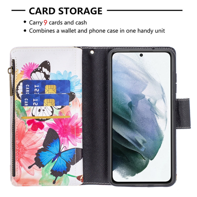 For Samsung Galaxy S21 FE Colored Drawing Pattern Zipper Horizontal Flip Leather Case with Holder & Card Slots & Wallet(Two Butterflies) by buy2fix