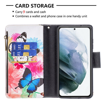 For Samsung Galaxy S21 FE Colored Drawing Pattern Zipper Horizontal Flip Leather Case with Holder & Card Slots & Wallet(Two Butterflies) by buy2fix