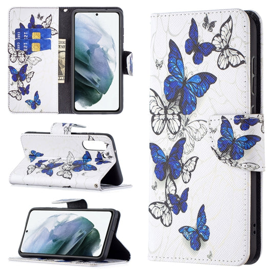 For Samsung Galaxy S21 FE Colored Drawing Pattern Horizontal Flip Leather Case with Holder & Card Slots & Wallet(Blue Butterflies) by buy2fix