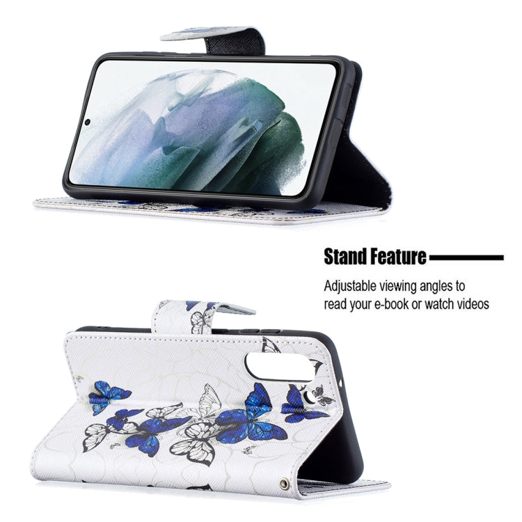 For Samsung Galaxy S21 FE Colored Drawing Pattern Horizontal Flip Leather Case with Holder & Card Slots & Wallet(Blue Butterflies) by buy2fix