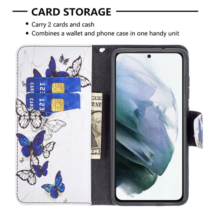 For Samsung Galaxy S21 FE Colored Drawing Pattern Horizontal Flip Leather Case with Holder & Card Slots & Wallet(Blue Butterflies) by buy2fix