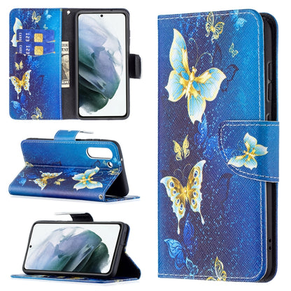 For Samsung Galaxy S21 FE Colored Drawing Pattern Horizontal Flip Leather Case with Holder & Card Slots & Wallet(Gold Butterfly) by buy2fix