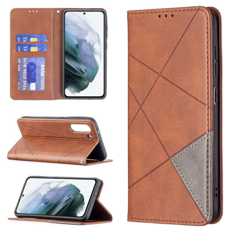 For Samsung Galaxy S21 FE Rhombus Texture Horizontal Flip Magnetic Leather Case with Holder & Card Slots & Wallet(Brown) by buy2fix