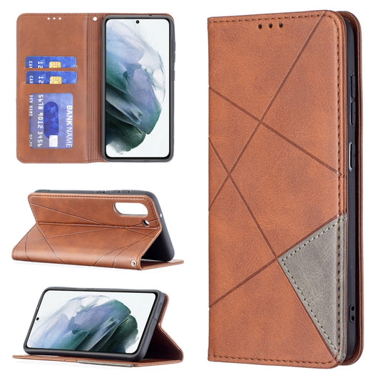 For Samsung Galaxy S21 FE Rhombus Texture Horizontal Flip Magnetic Leather Case with Holder & Card Slots & Wallet(Brown) by buy2fix