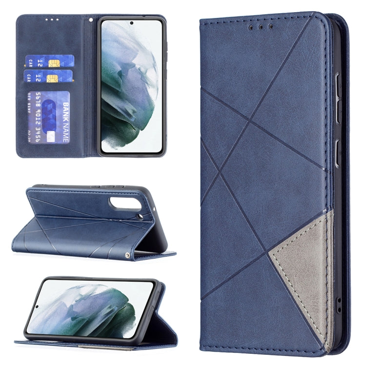 For Samsung Galaxy S21 FE Rhombus Texture Horizontal Flip Magnetic Leather Case with Holder & Card Slots & Wallet(Blue) by buy2fix