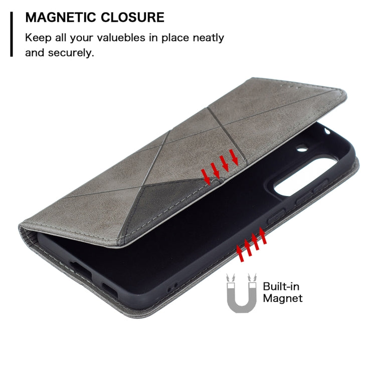 For Samsung Galaxy S21 FE Rhombus Texture Horizontal Flip Magnetic Leather Case with Holder & Card Slots & Wallet(Grey) by buy2fix