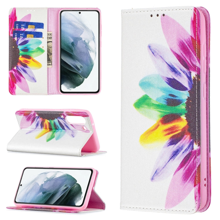 For Samsung Galaxy S21 FE Colored Drawing Pattern Invisible Magnetic Horizontal Flip PU Leather Case with Holder & Card Slots & Wallet(Sun Flower) by buy2fix