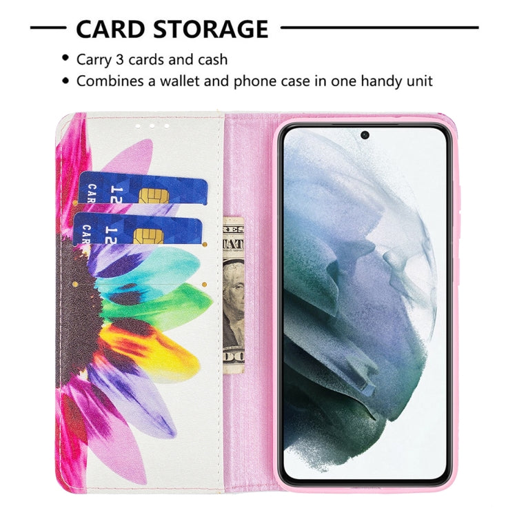 For Samsung Galaxy S21 FE Colored Drawing Pattern Invisible Magnetic Horizontal Flip PU Leather Case with Holder & Card Slots & Wallet(Sun Flower) by buy2fix