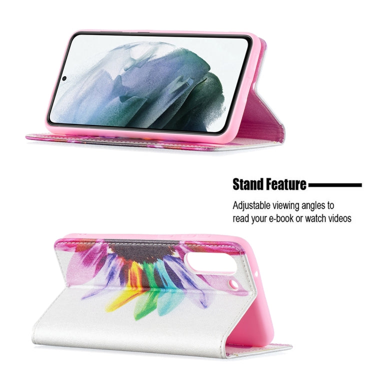 For Samsung Galaxy S21 FE Colored Drawing Pattern Invisible Magnetic Horizontal Flip PU Leather Case with Holder & Card Slots & Wallet(Sun Flower) by buy2fix