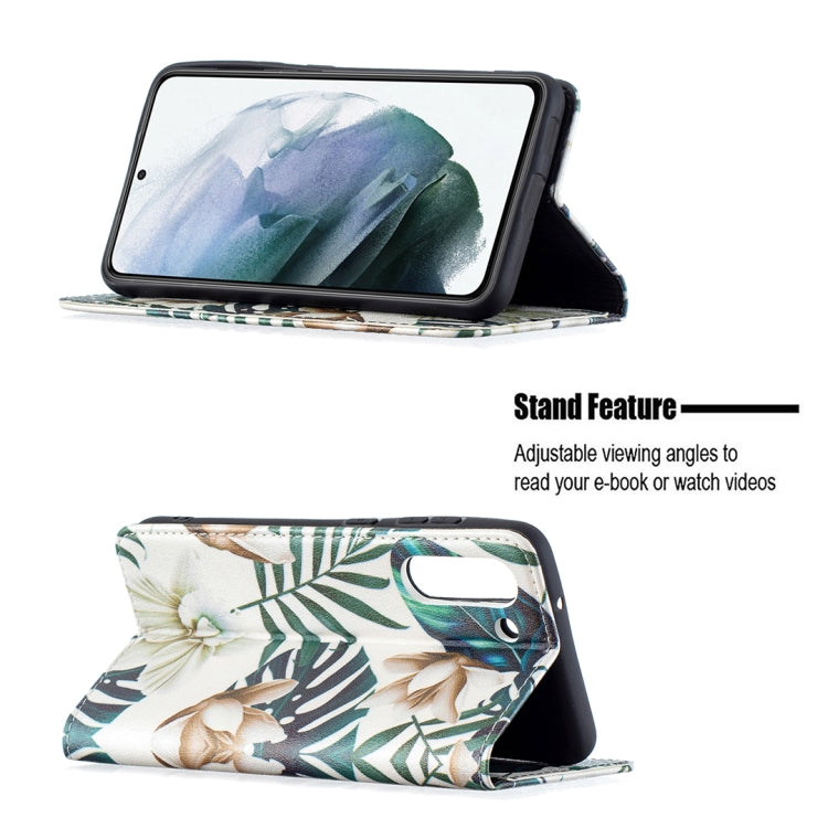 For Samsung Galaxy S21 FE Colored Drawing Pattern Invisible Magnetic Horizontal Flip PU Leather Case with Holder & Card Slots & Wallet(Red Leaves) by buy2fix