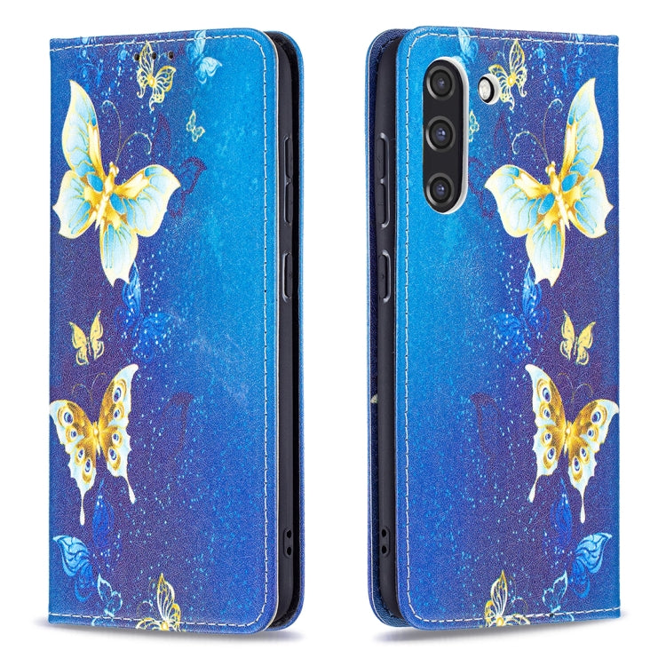 For Samsung Galaxy S21 FE Colored Drawing Pattern Invisible Magnetic Horizontal Flip PU Leather Case with Holder & Card Slots & Wallet(Gold Butterflies) by buy2fix
