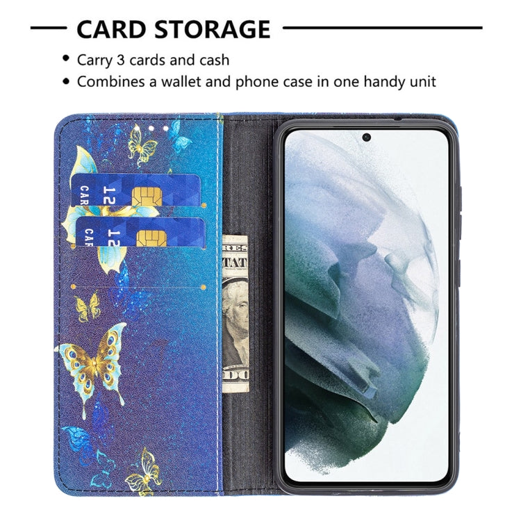 For Samsung Galaxy S21 FE Colored Drawing Pattern Invisible Magnetic Horizontal Flip PU Leather Case with Holder & Card Slots & Wallet(Gold Butterflies) by buy2fix