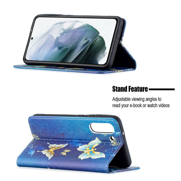 For Samsung Galaxy S21 FE Colored Drawing Pattern Invisible Magnetic Horizontal Flip PU Leather Case with Holder & Card Slots & Wallet(Gold Butterflies) by buy2fix