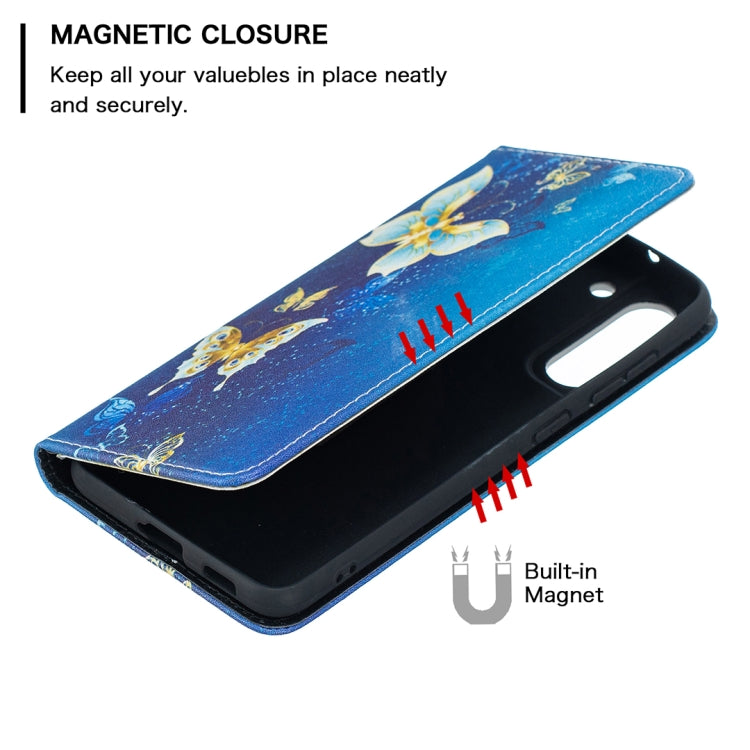 For Samsung Galaxy S21 FE Colored Drawing Pattern Invisible Magnetic Horizontal Flip PU Leather Case with Holder & Card Slots & Wallet(Gold Butterflies) by buy2fix