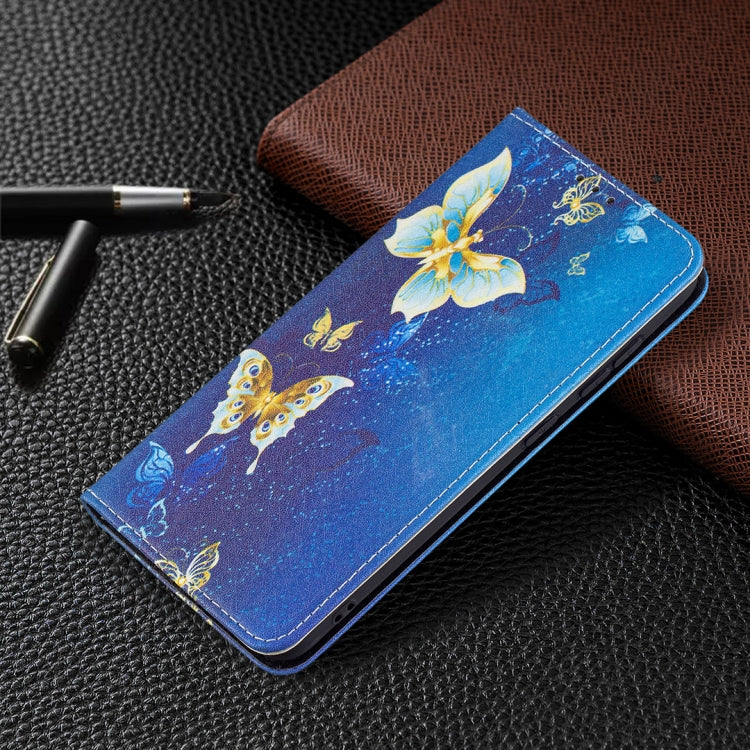 For Samsung Galaxy S21 FE Colored Drawing Pattern Invisible Magnetic Horizontal Flip PU Leather Case with Holder & Card Slots & Wallet(Gold Butterflies) by buy2fix