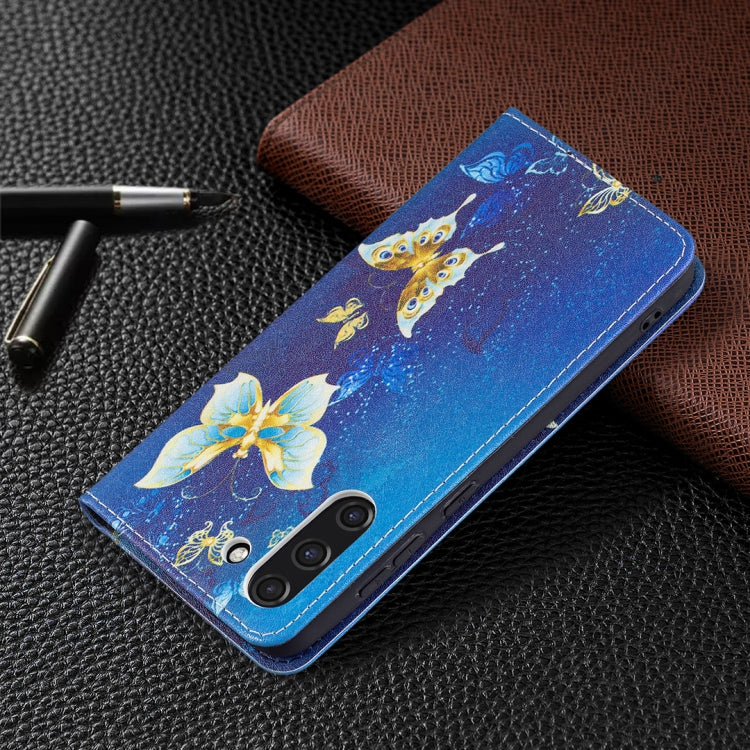 For Samsung Galaxy S21 FE Colored Drawing Pattern Invisible Magnetic Horizontal Flip PU Leather Case with Holder & Card Slots & Wallet(Gold Butterflies) by buy2fix